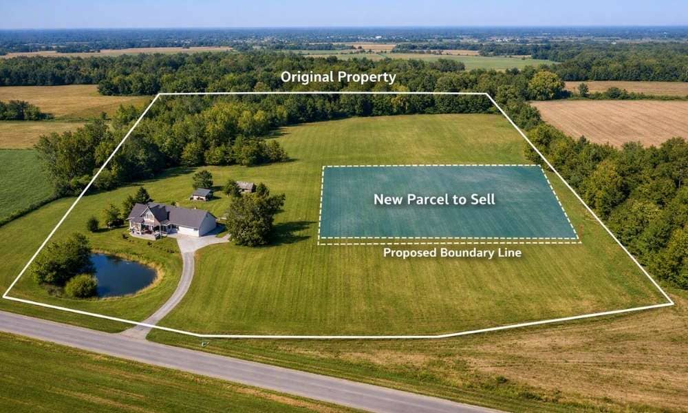 Aerial view of a property showing a proposed parcel split and boundary line before selling part of the land